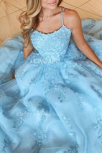 CWOAPO Spaghetti Straps Long Prom Dresses for Teens 2024 Lace Appliques Tulle Ball Gown Prom Dress with Pockets Wedding in Saudi Arabia