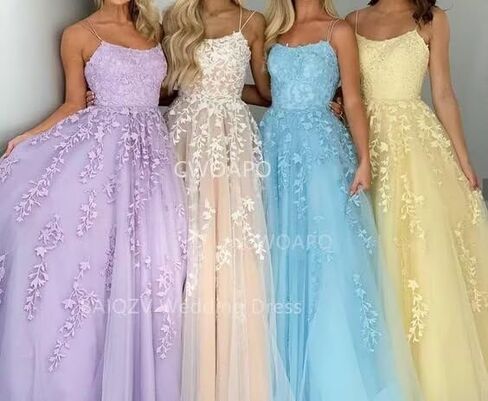 CWOAPO Spaghetti Straps Long Prom Dresses for Teens 2024 Lace Appliques Tulle Ball Gown Prom Dress with Pockets Wedding in Saudi Arabia