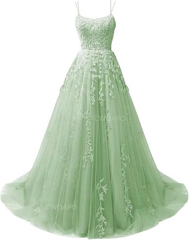 CWOAPO Spaghetti Straps Long Prom Dresses for Teens 2024 Lace Appliques Tulle Ball Gown Prom Dress with Pockets Wedding in Saudi Arabia