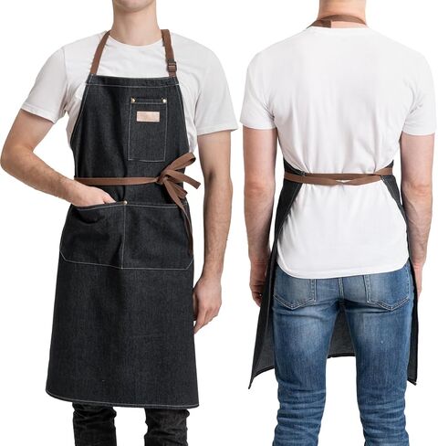 ROTANET Denim Work Apron with 3 Pockets Jean Shop Aprons for Chef Hairstylist Kitchen Woodworking for Men Women Blue Black in Saudi Arabia