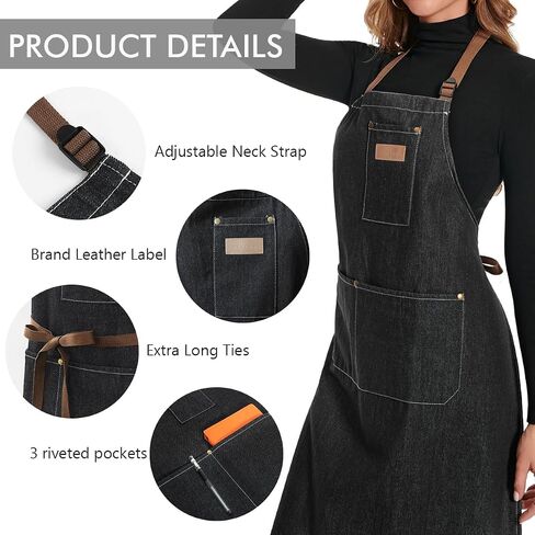 ROTANET Denim Work Apron with 3 Pockets Jean Shop Aprons for Chef Hairstylist Kitchen Woodworking for Men Women Blue Black in Saudi Arabia