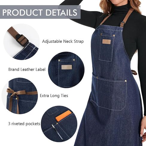 ROTANET Denim Work Apron with 3 Pockets Jean Shop Aprons for Chef Hairstylist Kitchen Woodworking for Men Women Blue Black in Saudi Arabia