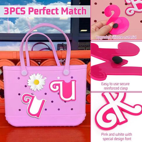 Mtiy rain 3pcs Charms for Bogg Bag Accessories,Pink Letter and Flower Charms Compatible with Bogg Bag, Accessories Charms for Simple Modern Beach Bag (K) in Kuwait