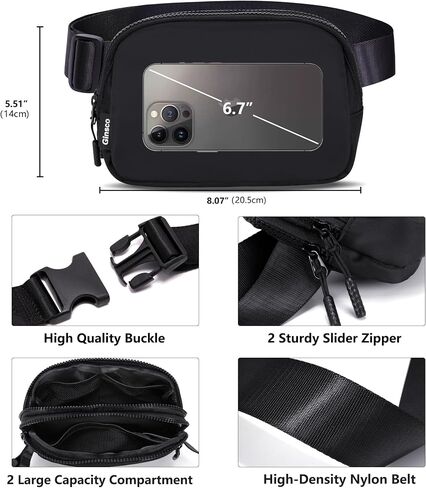 Fanny Pack for Women Men, Ginsco 3 Zipper Pockets Crossbody Bags with Adjustable Strap, Mini Belt Bag Waterproof Fashion 2L Waist Pack Fits Travel Outdoor Hiking Walking Running (Pure Black) in Saudi Arabia