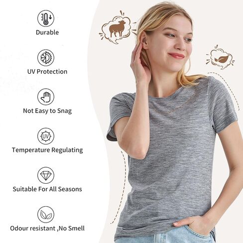 Merino Protect 100% Merino Wool T Shirts Women Crew Neck Tops Short Sleeve Odor Resistance Base Layer Travel Hiking Tee Shirt in Saudi Arabia