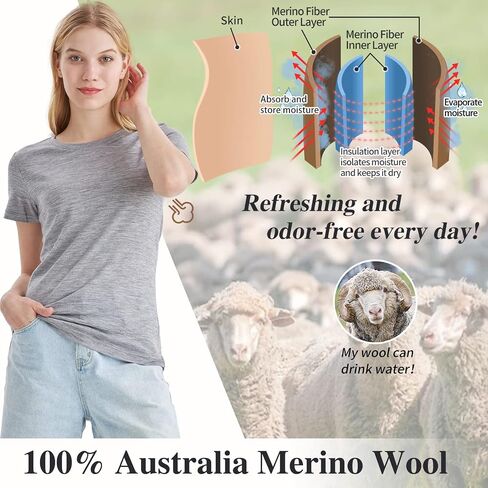 Merino Protect 100% Merino Wool T Shirts Women Crew Neck Tops Short Sleeve Odor Resistance Base Layer Travel Hiking Tee Shirt in Saudi Arabia