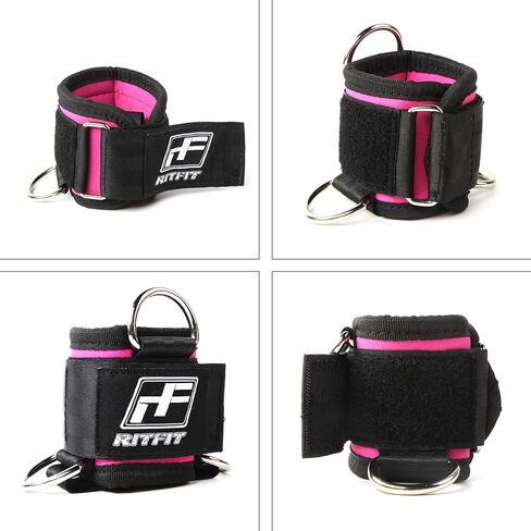 أشرطة الكاحل من RitFit Kickback، حزام كاحل مبطن لآلة الكابل، خطاف وحلقة قوية، 3 حلقات على شكل حرف D معززة، نيوبرين مريح قابل للتعديل - أساور كاحل ممتازة لتعزيز عضلات البطن والغلوت والساق in Kuwait