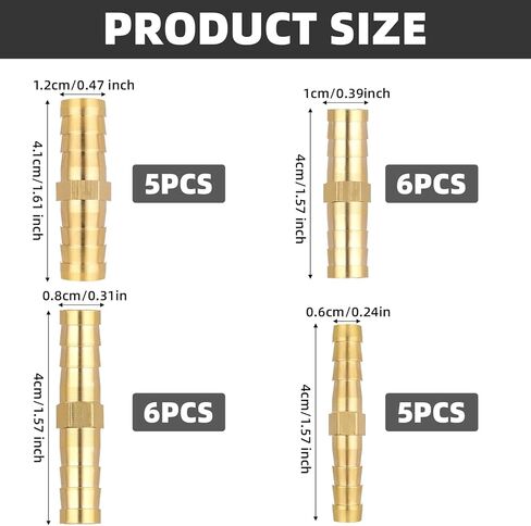 22Pcs Brass Barbed Hose Fittings, 1/4" 5/16" 3/8" 1/2" (6mm/8mm/10mm/12mm) Hose Barb Splicer Mender, Durable Hose Barb Fittings for Air/Fuel/Water/Oil Hose, Corrosion-Resistant Hose Connectors in Kuwait