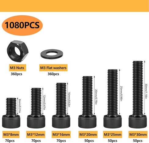 420 Pcs M5 x 8/12/16/20/25/30mm 10.9 Grade Alloy Steel Button Head Socket Cap Screws Bolts with M5 Nuts, M5 Washers and 1 Pcs Hex Key Wrenches Assortment Kit in Kuwait