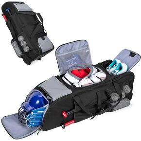 Rolling Baseball Bag for 4 Bats, Black Softball Bag with Wheels, Large Baseball Equipment Bag with Separate Shoe Compartment and Glove Pocket