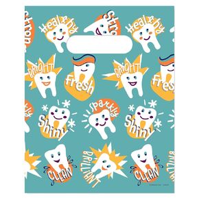 Practicon Fresh and Sparkly 8" x 10" Dental Giveaway Bag, Dental Hygiene Patient Care Goodie Bag, Dentist Office Plastic Gift Bags, 100 Pack