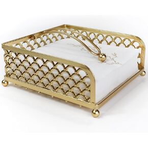 Elegant Flat Paper Napkin Holder with Dispenser Arm - Gold Napkin Holders for Table, Kitchen, Countertops & Outdoor Tables - Square Metal Lattice Basket Dinner Napkin Holder - Gold