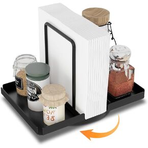 Napkin Holder for Table, 360° Rotating Metal Napkin Holder with Salt and Pepper Shakers Caddy, Standing Paper Napkin Storage for Kitchen Dining Table Decor, Black