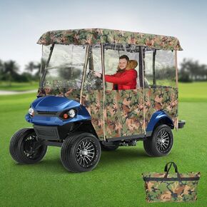 Golf Cart Rain Cover Enclosures 4 Passenger Extended Roof, Universal Clear Golfcart Poncho for Club Car Ezgo Yamaha, Side Curtains for Cold Weather Wind Winter Waterproof with Zippered Roll Up Doors