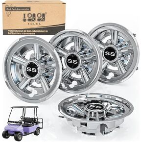 10L0L Golf Cart SS Wheel Covers Hub Caps for EZGO, Club Car, Yamaha - 8 Inch Snap-on Installation, Chrome, Set of 4
