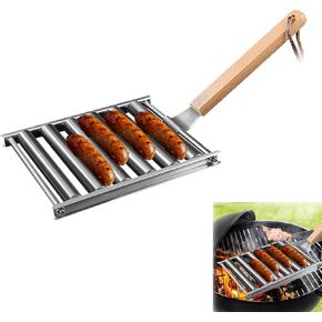 2Pcs Hot Dog Roller for Grill, Stainless Steel Hot Dog Roller Grill with Extra Long Wood Handle, 5 Hot Dog Capacity, Outdoor Camping BBQ Hot Dog Griller Roller