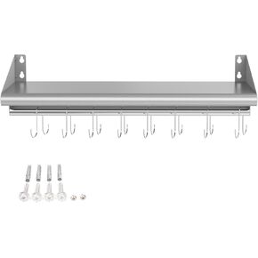 Skyflame 12" x 36" Wall Shelf with 6 Hanging Hooks for Storage, Stainless Steel Commercial Shelving with Side Guards for Bar, Utility Room, Kitchen, Garage