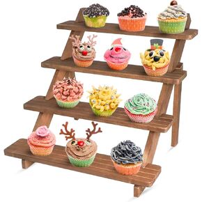 4-Tier Wooden Retail Display Riser Wooden Display Stand, Cupcake Stands Tool Free Rustic Risers Table Display, Display Stands for Vendor Events (Brown)
