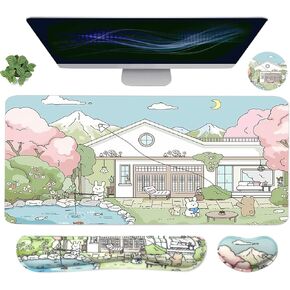 Large Mouse Pad Set, Cute Extended Mouse Pad+Keyboard Wrist Rest Support Desk Pad Memory Foam Ergonomic Easy Typing, 35.4×15.7 in Desk Mat Set for Home Office Study Game - Cloud
