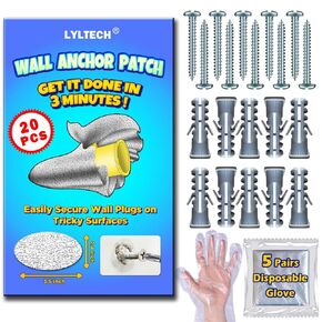Fixing Wall Anchors Patch- (20 PCS) #8 Screws -1.3" with Wall Anchors- 10 Pairs; Disposable Glove- 5 Pairs ; Multipurpose fix for Shelves, Curtains, Towel Rails