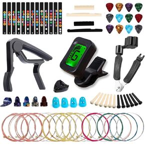 60PCS Acoustic Guitar Accessories Kit Including Guitar Strings, Tuner, Capo, 3-in-1 Restring Tool, Pick Holder, Bridge Pins, Nuts & Saddles, Finger Protector, Finger Picks, Fretboard Stickers