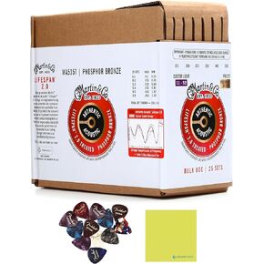 Martin Strings Authentic Acoustic Lifespan® 2.0 Guitar Strings Phosphor Bronze, 11-52 Bundle w/ 12-Pack Guitar Pick and Liquid Audio Polishing Cloth