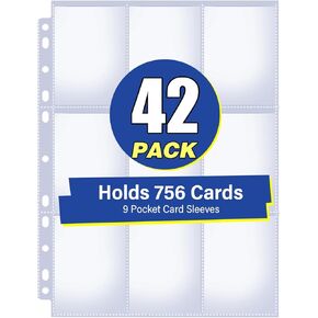 42 Pack 9 Pocket Double Side Card Sleeves Binder Sheets, Holds 756 Cards, Trading Card Binder Sleeves for 3 Ring Binder, Card Sleeve Pages for Baseball, Football, Business, TCG, Kpop Cards