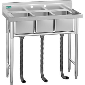 YITAHOME Freestanding Commercial Restaurant Kitchen Sink NSF Stainless Steel 3 Compartment Bowl Outdoor Sink with Storage Shelve for Restaurant, Garage (39"x 18"x 37")