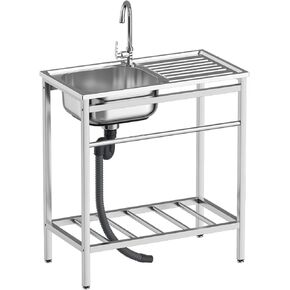 Free Standing Stainless Steel Sink, Single Bowl Washing Hand Basin Station Sink, Portable Utility Sink with Faucet & Shelves for Camping, Garage, Kitchen, Backyard Handwashing