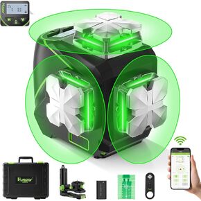 Huepar Laser Level 360 Self Leveling, 4x360° Green Cross Line Laser with LCD Screen, 4D Bluetooth Outdoor Pulse Mode Laser Tool for Construction -Remote Control, Li-ion Battery or 4 AA Batteries-S04CG