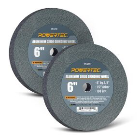 POWERTEC Bench Grinder Wheel 6 Inch 100 Grit, Aluminum Oxide Grinding Wheel for Bench Pedestal Grinder, 3/4" Thick 1/2" Arbor, Sharpening & Shaping Drill Bits, Blade, and Chisel 2PK (15519-P2)
