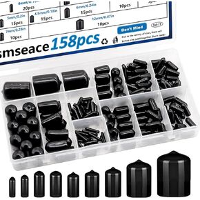 smseace 158Pcs Rubber End Caps 12-Sizes 2/25 Inch to 4/5 Inch Rubber Caps for Bolts Screw Caps Rubber Screw Caps Black Vinyl Round Rubber tip Cap