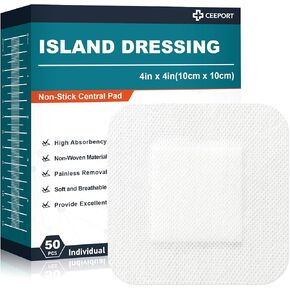 Island Dressing 4"x4", 50 Individually Packed Bordered Gauze Pads, 2"x2" Non-Stick Pad in Center with Adhesive Border, Highly Absorbent Non-Woven Medical Grade Bandages for Wounds, First Aid