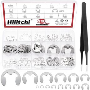 Hilitchi 211Pcs 14 Sizes Manganese Steel E Clip Assortment Kit with Tweezers, M1.5 M2 M2.5 M3 M3.5 M4 M5 M6 M7 M8 M9 M10 M12 M15 External Retaining Ring Snap Ring E-Clip Cir-Clip for Machine in Kuwait