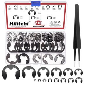Hilitchi 211Pcs 14 Sizes Manganese Steel E Clip Assortment Kit with Tweezers, M1.5 M2 M2.5 M3 M3.5 M4 M5 M6 M7 M8 M9 M10 M12 M15 External Retaining Ring Snap Ring E-Clip Cir-Clip for Machine