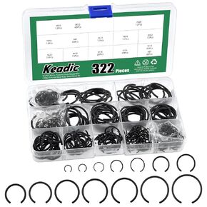 Keadic 322Pcs 10 Sizes Assorted 65Mn Steel Round Wire C Clips External Retaining Rings Set, M7 M8 M10 M12 M14 M16 M18 M20 M22 M24 M25 M26 M28 M30 C-Clips Snap Rings for Holes