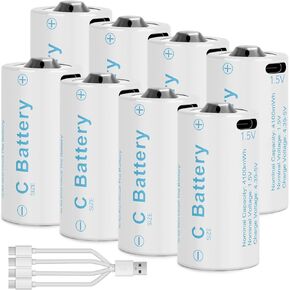 Rechargeable Lithium D Batteries with 4 in 1 USB-C Charging Cable,1.5V D Size Cell Battery 5600mWh for Flashlight (8 Pack)