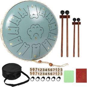 Steel Tongue Drum - 13 Inch 13 Note Bear Tongue Drum - Steel Drum with Mallets 2 Pairs, Carry Bag and Music Book, Handpan Drums for Adults and Kids, C Major (Moss Blue)