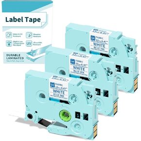 Compatible Iron-on Clothing Label Tape Replacement for Brother TZe-FA3 TZeFA3 Fabric Tape Blue on White 12mm Work for Vixic D210S H1100 D480BT P780BT P3200 P Touch PTD400 PTD210 PT-1280 Label Makers