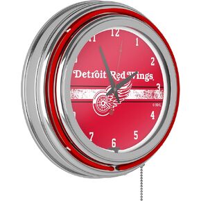 Trademark Global Neon Clock - Retro Detroit Redwings Logo Analog Wall Clock with Pull Chain - for Kitchen, Garage, Game Room, or Home Bar