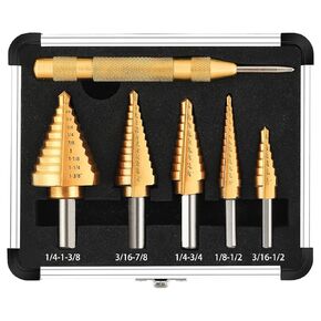 5PCS Step Drill Bit Set with Automatic Center Punch, HSS Titanium Coated Unibit Step Drill Bits, 50 Sizes Step Bits for Metal, Aluminum, Wood, Plastic, with Storage Case