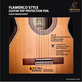 Ortega Guitars Flamenco Divided Top Scratch Plate Pickguard w/String Change Foil-Permanent-Transparent (OPG-FLAM2)