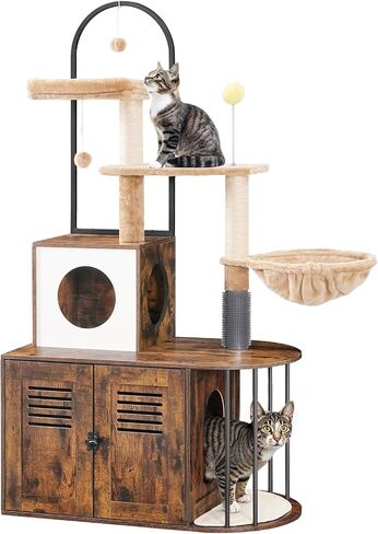 HOOBRO Cat Tree with Litter Box Enclosure, All-in-One Cat Tower with Hidden Litter Box Cover Furniture for Indoor Cats, Versatile Cat Condo with Sisal Posts, Hammock, Greige and Gray BG45MZ03 in Saudi Arabia