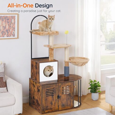 HOOBRO Cat Tree with Litter Box Enclosure, All-in-One Cat Tower with Hidden Litter Box Cover Furniture for Indoor Cats, Versatile Cat Condo with Sisal Posts, Hammock, Greige and Gray BG45MZ03 in Saudi Arabia