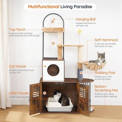 HOOBRO Cat Tree with Litter Box Enclosure, All-in-One Cat Tower with Hidden Litter Box Cover Furniture for Indoor Cats, Versatile Cat Condo with Sisal Posts, Hammock, Greige and Gray BG45MZ03 in Saudi Arabia