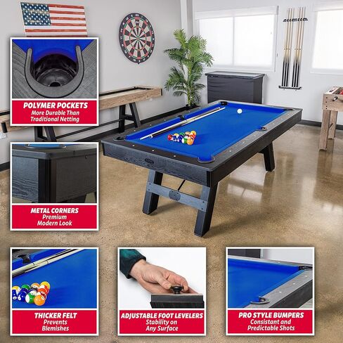 GoSports 7 ft Pool Table with Wood Finish - Modern Billiards Table with 2 Cue Sticks, Balls, Rack, Felt Brush and Chalk - Choose Your Style in Kuwait