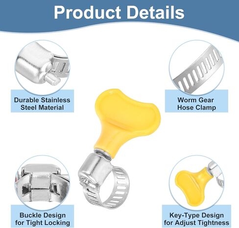 uxcell 14Pcs Stainless Steel Hose Clamps Worm Gear Hose Clamp, 8-12mm(5/16" to 1/2") Adjustable Thumb Screw Key Type Clamps Fuel Line Clamps 8mm Bandwidth for Plumbing, Yellow in Kuwait