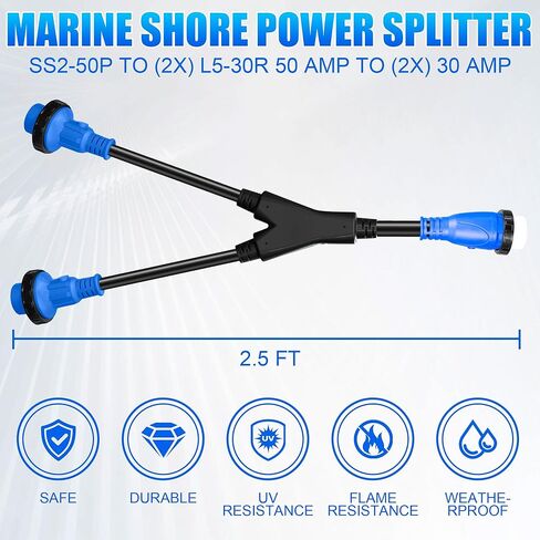 Marine Shore Power Y Splitter SS2-50P ذكر 50A إلى (2) L5–30R أنثى مع حلقة قفل وياقة، 50A إلى سلك طاقة مزدوج 30A Shore in Saudi Arabia