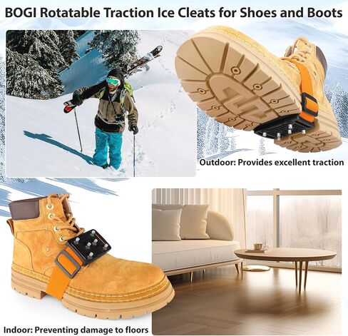 BOGI Ice Cleats Crampons، مرابط ثلج قابلة للدوران للأحذية والأحذية طويلة الرقبة مع ترصيع التنغستن مقابض الجليد للأحذية مع أشرطة قابلة للتعديل للرجال والنساء في الشتاء داخليًا/خارجيًا in Saudi Arabia
