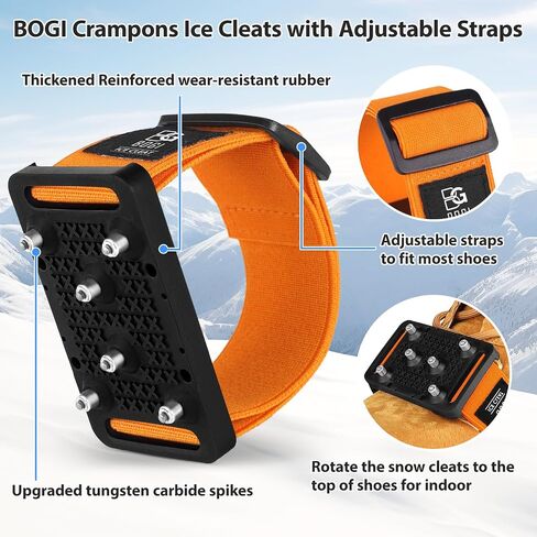 BOGI Ice Cleats Crampons، مرابط ثلج قابلة للدوران للأحذية والأحذية طويلة الرقبة مع ترصيع التنغستن مقابض الجليد للأحذية مع أشرطة قابلة للتعديل للرجال والنساء في الشتاء داخليًا/خارجيًا in Saudi Arabia